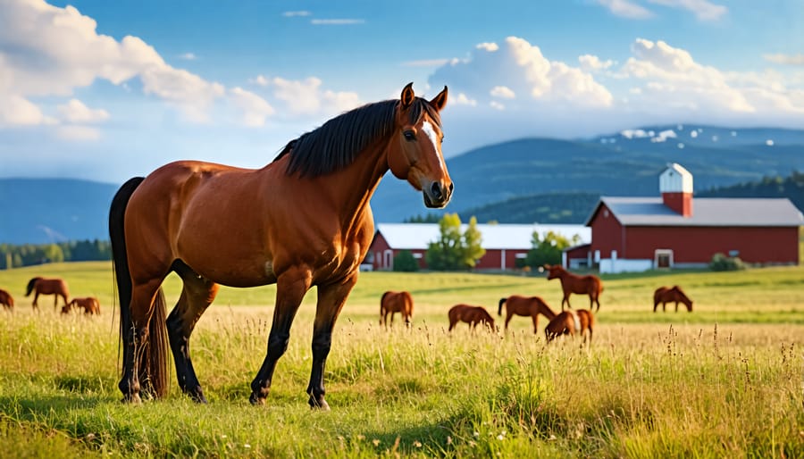 The Canadian Horse being reintroduced on a farm, with a scenic background