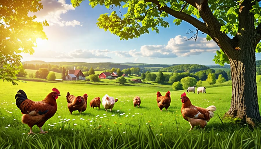 Canadian farm scene featuring heritage livestock such as Chantecler chickens and Berkshire pigs, with colorful freeze-dried candies, representing tradition and innovation in sustainable agriculture.