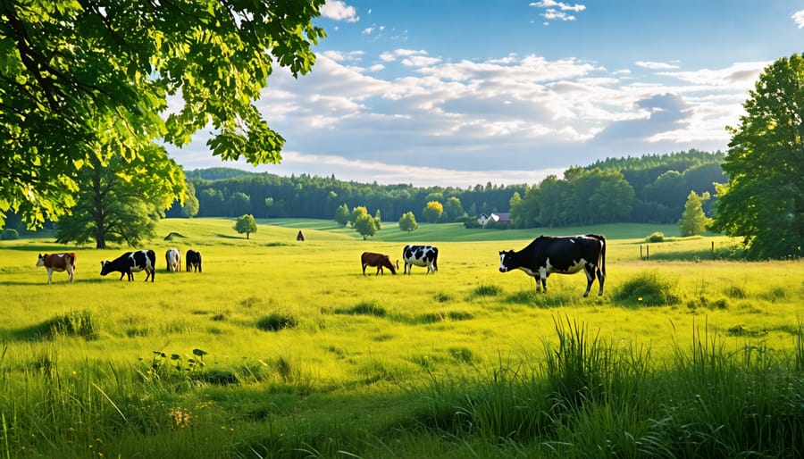 Heritage livestock in a green field, emphasizing sustainable farming