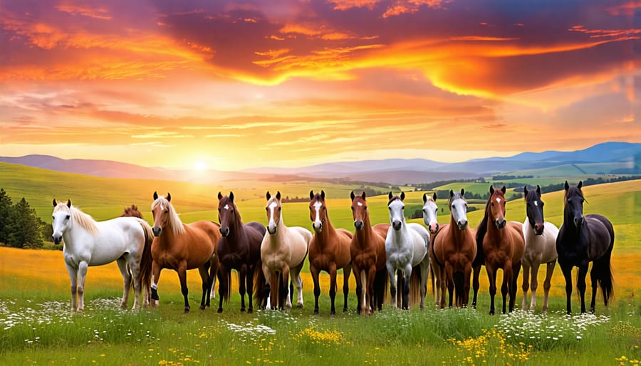 A diverse group of rare Canadian horse breeds standing in a lush field with a scenic backdrop, representing efforts to preserve cultural heritage and promote sustainable agriculture.